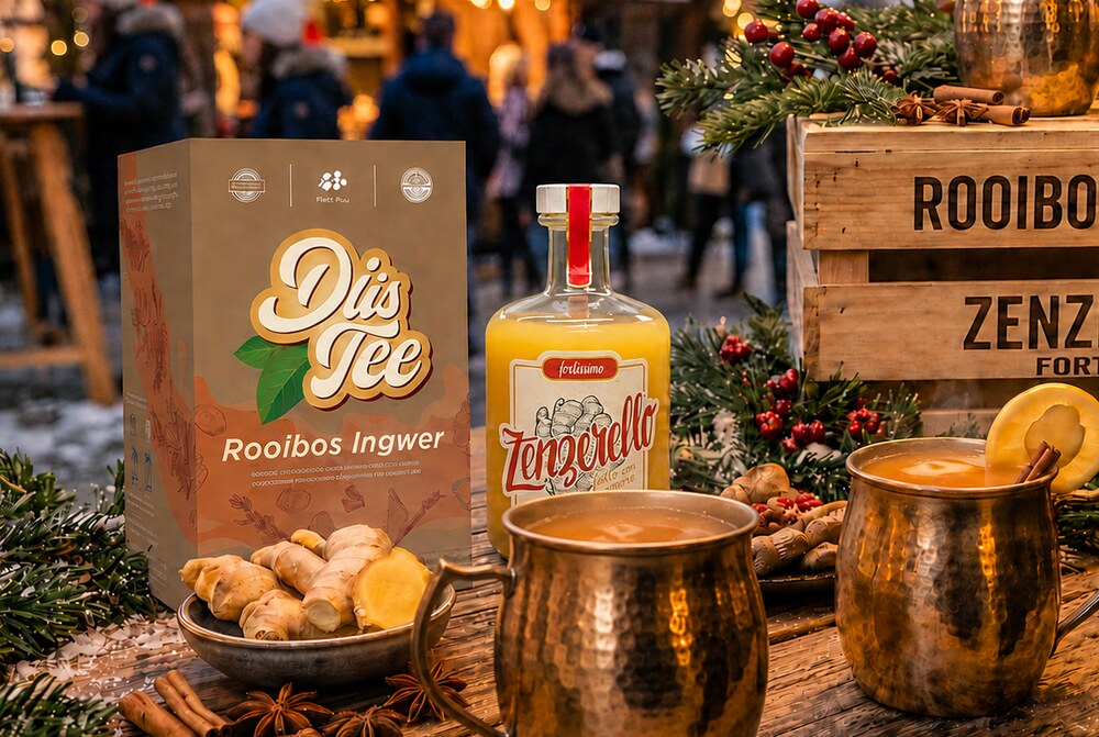 GlühPunsch-Zutaten: DiisTee Rooibos-Ingwer, Zenzerello Fortissimo Ingwerlikör, frischer Ingwer und dampfende Kupferbecher